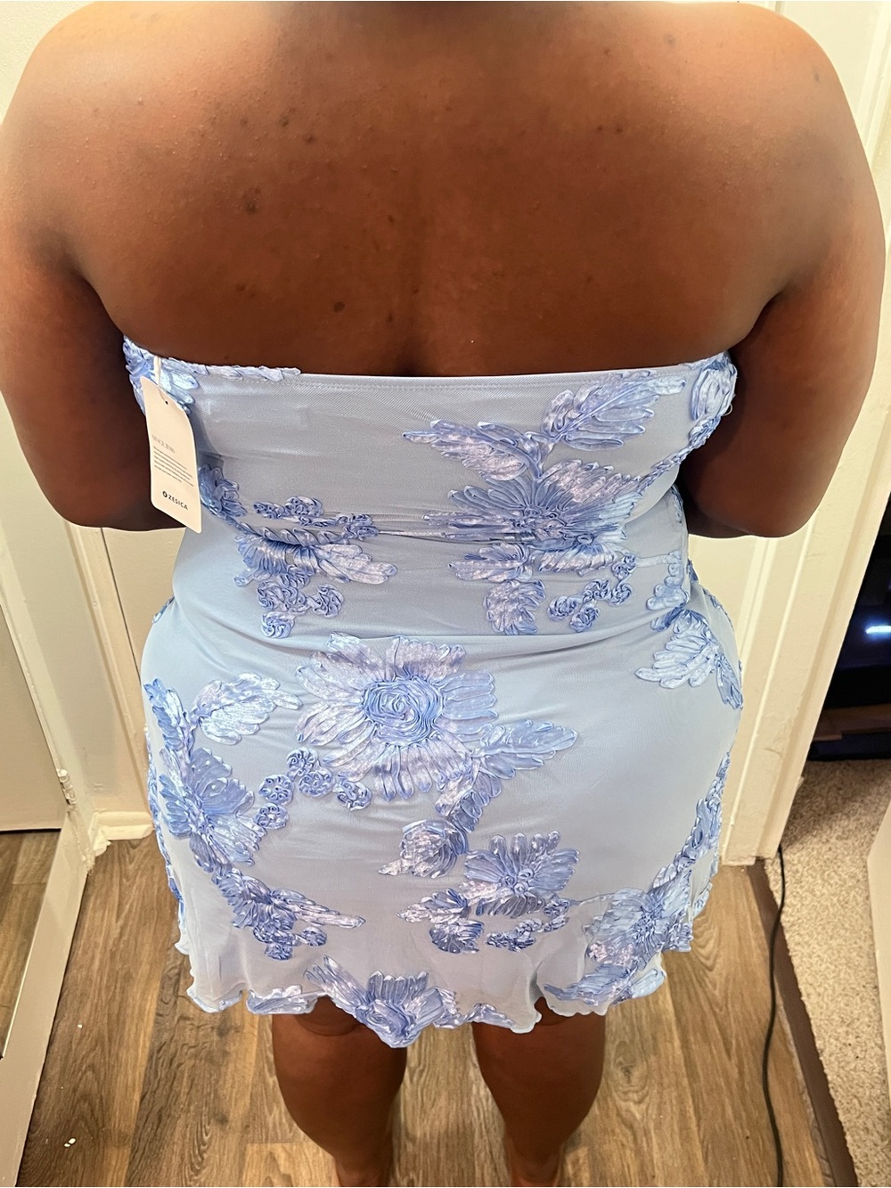 Strapless Light Blue Floral Appliqué Mini Dress - Picture 10 of 15